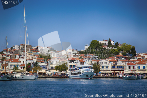 Image of Skiathos, Greece - August 17, 2017: Panoramic view over the port