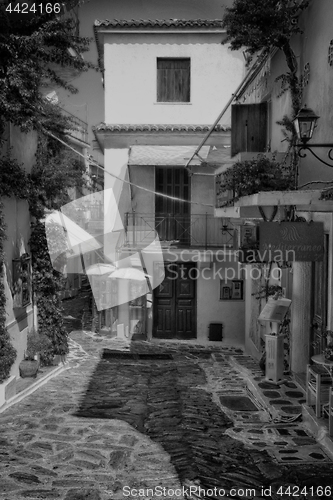 Image of Skiathos, Greece - August 17, 2017: Beautiful narrow cobbled old