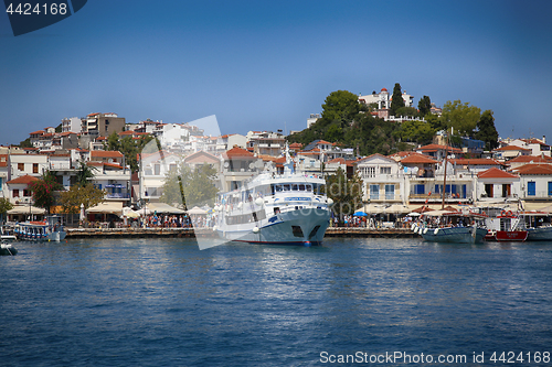 Image of Skiathos, Greece - August 17, 2017: Panoramic view over the port