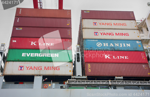 Image of Hamburg, Germany - July 28, 2014: View of Shipping containers st