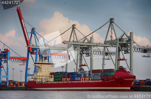 Image of Hamburg, Germany - July 28, 2014: View of port of Hamburg harbor