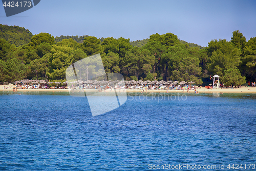 Image of Skiathos, Greece - August 17, 2017: View from boats on Koukounar