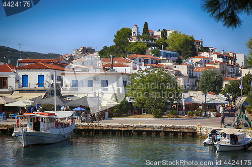 Image of Skiathos, Greece - August 17, 2017: Panoramic view over the port