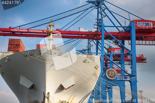 Image of Hamburg, Germany - July 28, 2014: View of port of Hamburg harbor