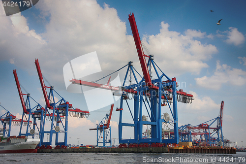 Image of Hamburg, Germany - July 28, 2014: View of port of Hamburg harbor