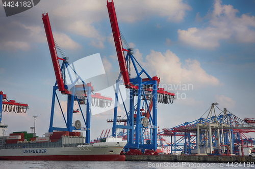 Image of Hamburg, Germany - July 28, 2014: View of port of Hamburg harbor