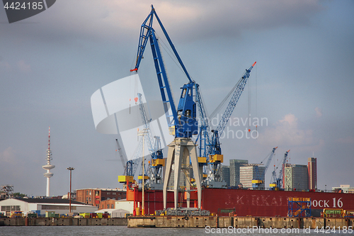 Image of Hamburg, Germany - July 28, 2014: View of port of Hamburg harbor