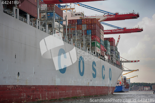 Image of Hamburg, Germany - July 28, 2014: View of port of Hamburg harbor