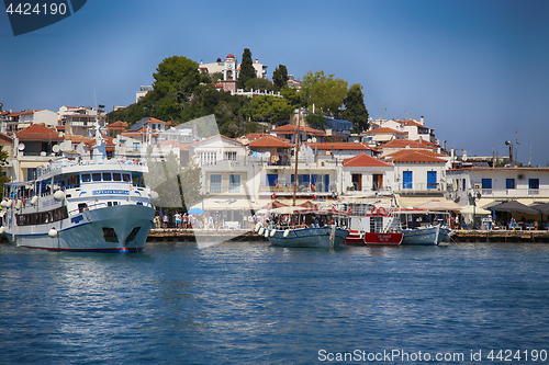 Image of Skiathos, Greece - August 17, 2017: Panoramic view over the port