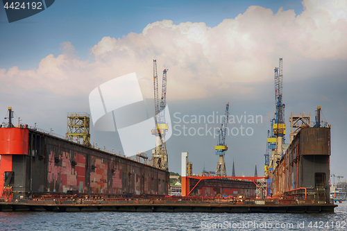 Image of Hamburg, Germany - July 28, 2014: View of port of Hamburg harbor