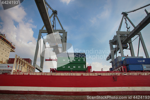 Image of Hamburg, Germany - July 28, 2014: View of port of Hamburg harbor