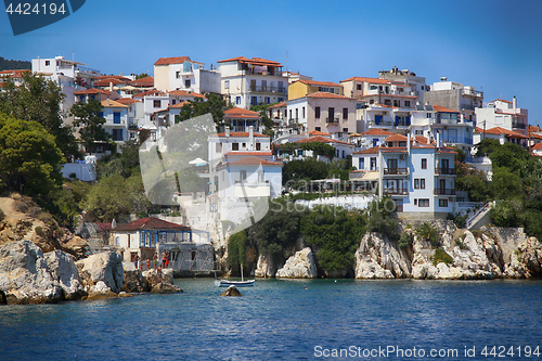 Image of Skiathos, Greece - August 17, 2017: View from boat Skiathos town