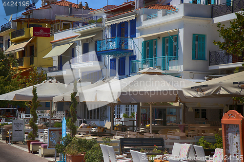 Image of Skiathos, Greece - August 17, 2017: The town front and the seafr