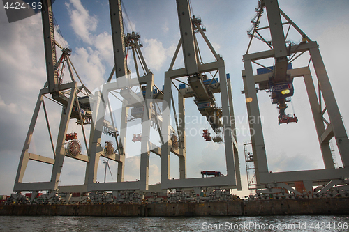 Image of Hamburg, Germany - July 28, 2014: View of port of Hamburg harbor