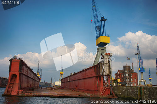 Image of Hamburg, Germany - July 28, 2014: View of port of Hamburg harbor