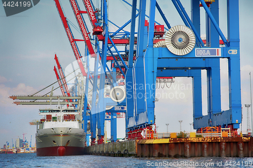 Image of Hamburg, Germany - July 28, 2014: View of port of Hamburg harbor