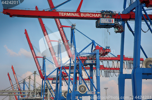 Image of Hamburg, Germany - July 28, 2014: View of port of Hamburg harbor