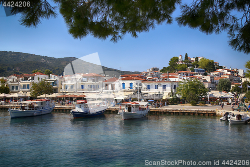 Image of Skiathos, Greece - August 17, 2017: Panoramic view over the port