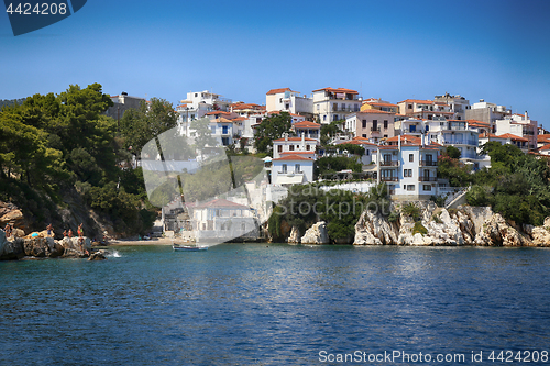 Image of Skiathos, Greece - August 17, 2017: View from boat Skiathos town