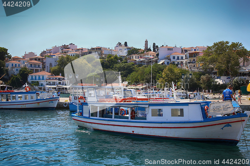 Image of Skiathos, Greece - August 17, 2017: Panoramic view over the port