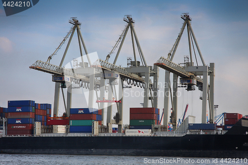 Image of Hamburg, Germany - July 28, 2014: View of port of Hamburg harbor