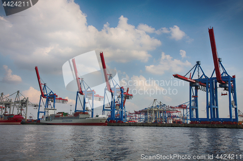 Image of Hamburg, Germany - July 28, 2014: View of port of Hamburg harbor