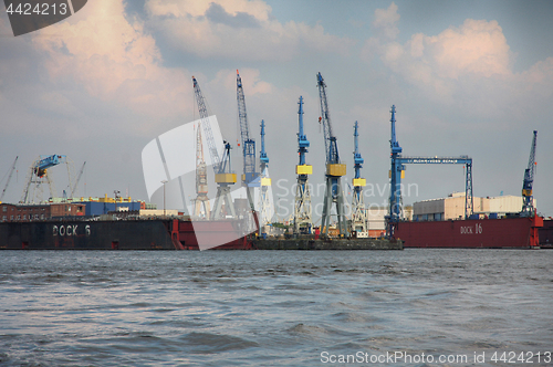 Image of Hamburg, Germany - July 28, 2014: View of port of Hamburg harbor