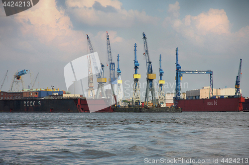 Image of Hamburg, Germany - July 28, 2014: View of port of Hamburg harbor