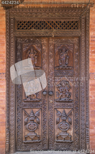 Image of Hindu temple wooden door in Bhaktapur Nepal