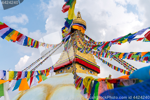 Image of Boudhanath Stupa and prayer flags in Kathmandu