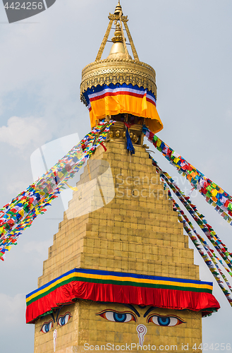 Image of Boudhanath Stupa and prayer flags in Kathmandu