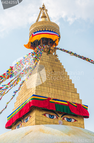 Image of Boudhanath Stupa and prayer flags in Kathmandu