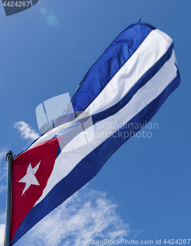 Image of Waving Cuba flag and blue sky 