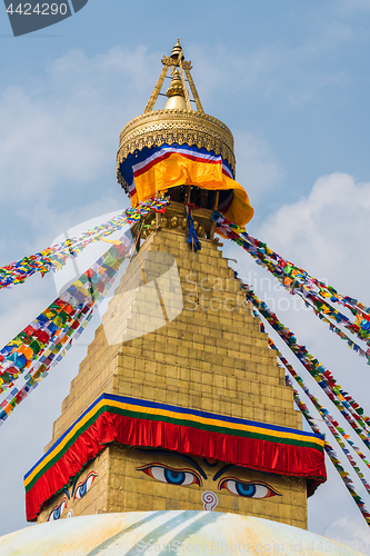 Image of Boudhanath Stupa and prayer flags in Kathmandu