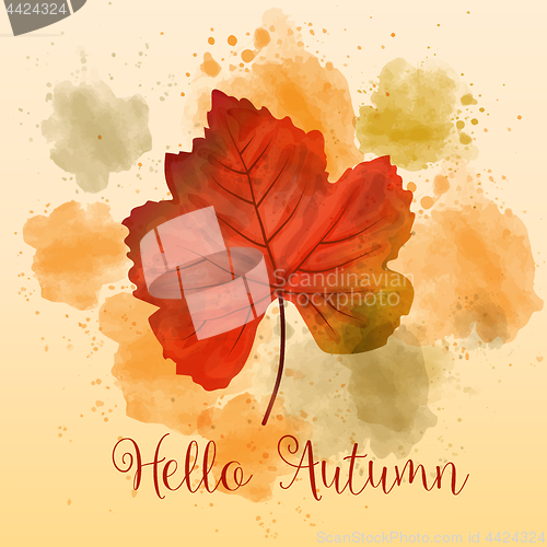 Image of \"Hello Autumn\", autumn watercolor background with beautiful leaf