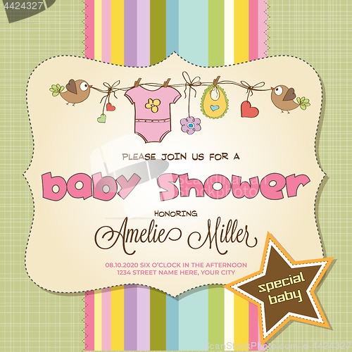 Image of Baby shower card with baby clothings