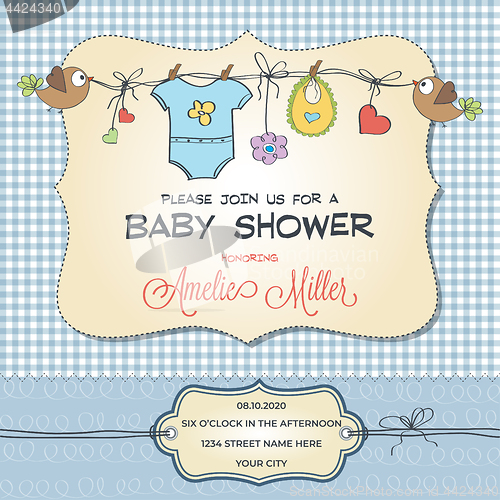 Image of Baby shower card with baby clothings