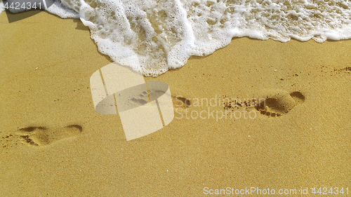 Image of Sea foam and footprints in the sand at the beach