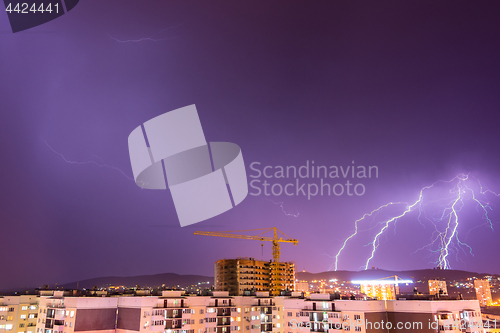 Image of Night thunderstorm with lightning over the city resort of Anapa, Russia