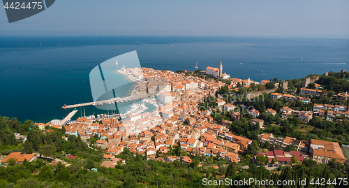 Image of Aerial view of old town Piran, Slovenia, Europe. Summer vacations tourism concept background.