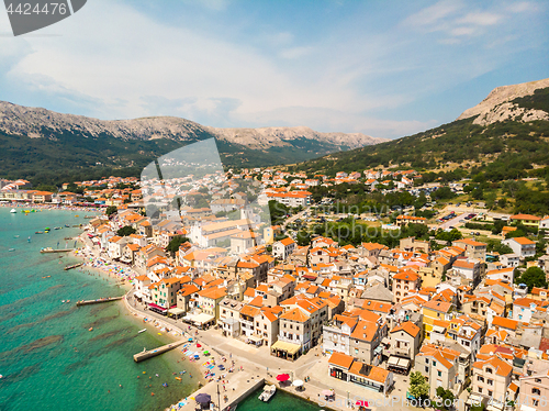 Image of Aerial panoramic view of Baska town, popular touristic destination on island Krk, Croatia, Europe