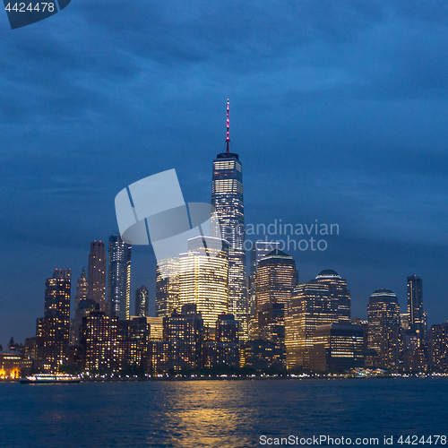 Image of Panoramic view of Lower Manhattan from Ellis Island at dusk, New York City.