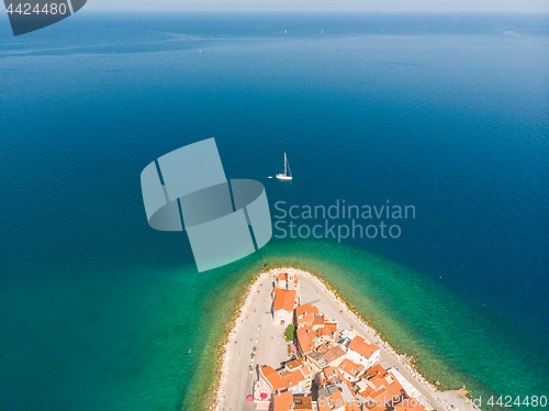 Image of Aerial view of old town Piran, Slovenia, Europe. Summer vacations tourism concept background.