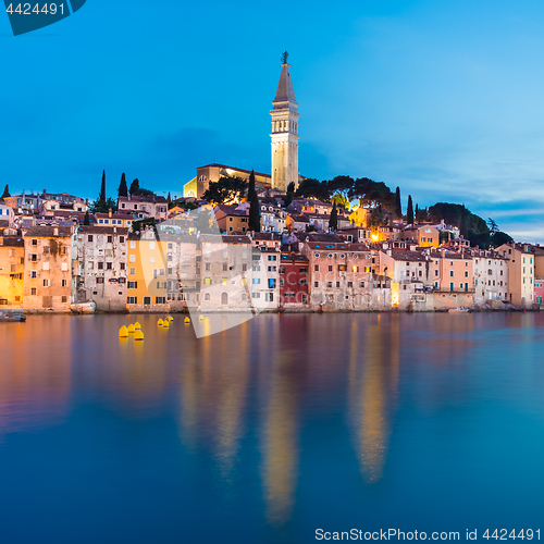 Image of Colorful sunset of Rovinj town, Croatian fishing port on the west coast of the Istrian peninsula.