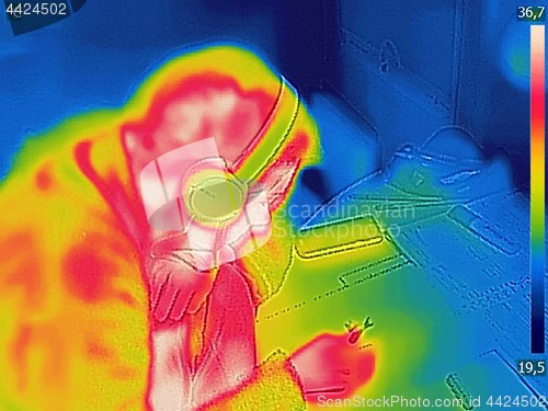 Image of Thermal image Photo while woman listening to music on the headph