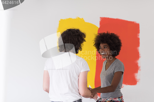 Image of multiethnic couple painting interior wall