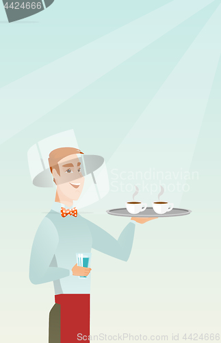 Image of Waiter holding tray with cups of coffeee or tea.