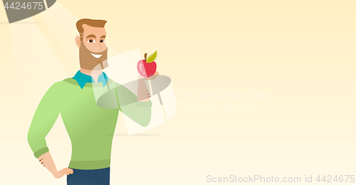 Image of Young man holding an apple vector illustration.