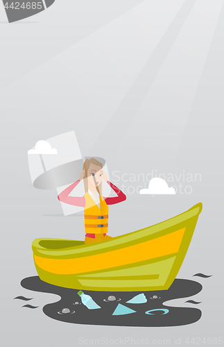 Image of Woman floating in a boat in polluted water.