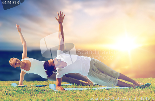 Image of couple doing yoga and side plank outdoors